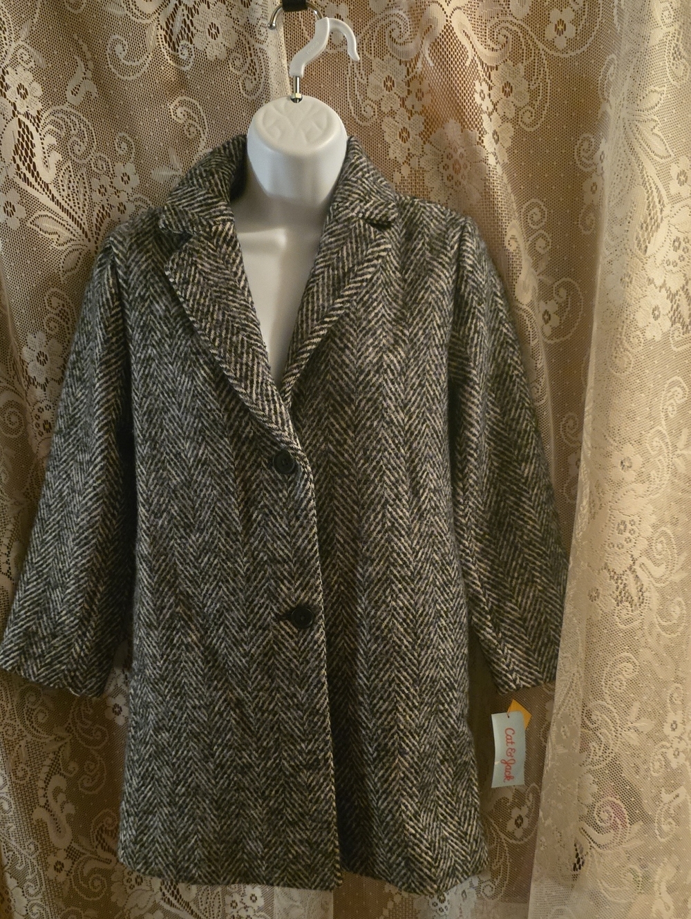 New Cat & Jack Girls Size M Gray Herringbone Pea Dress Coat Machine Washable